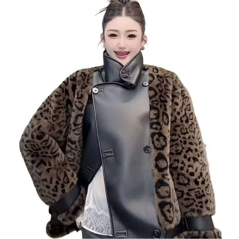 Faux Mink Fur Coat for Women, Double Breasted PU Jacket,Leopard Print Overcoat, Designer Female Clothes,Spliced,New, Winte
