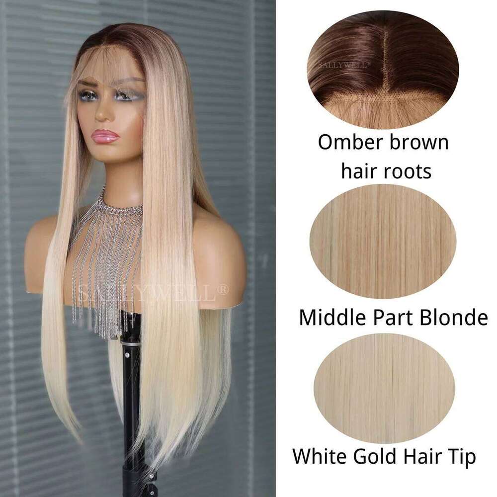 Ombre Lace Front Long Straight Brown to Dirty Blonde 3T Color Synthetic Heat Resistant Wig Pre Plucked