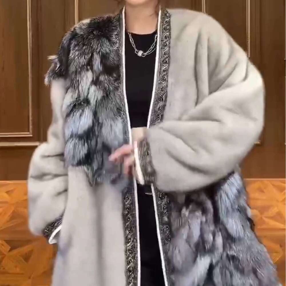 Women's New Fox with European Mink Jacket Long-Sleeved Coats Mid-Length Winter Warm Slimming Fashion Fur Coat