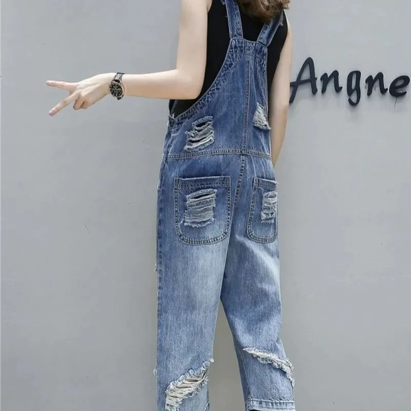 Loose Hole Denim Overalls Women Retro Jeans Suspenders Ankle-Length Pants Hollow Out Streetwear Students Jeans Spring Autumn 250523
