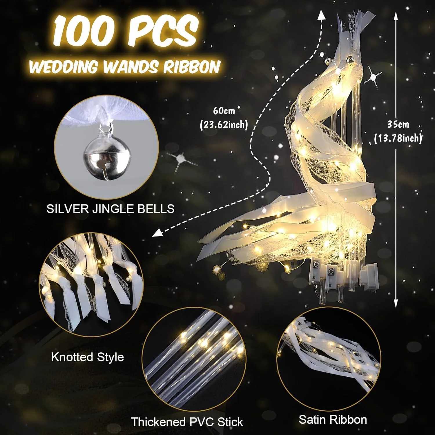 20-150Pcs Light up Wedding Wands LED Ribbons Wands Streamers Wedding Silk Fairy Sticks with Bells for Wedding Party Supplies W250528