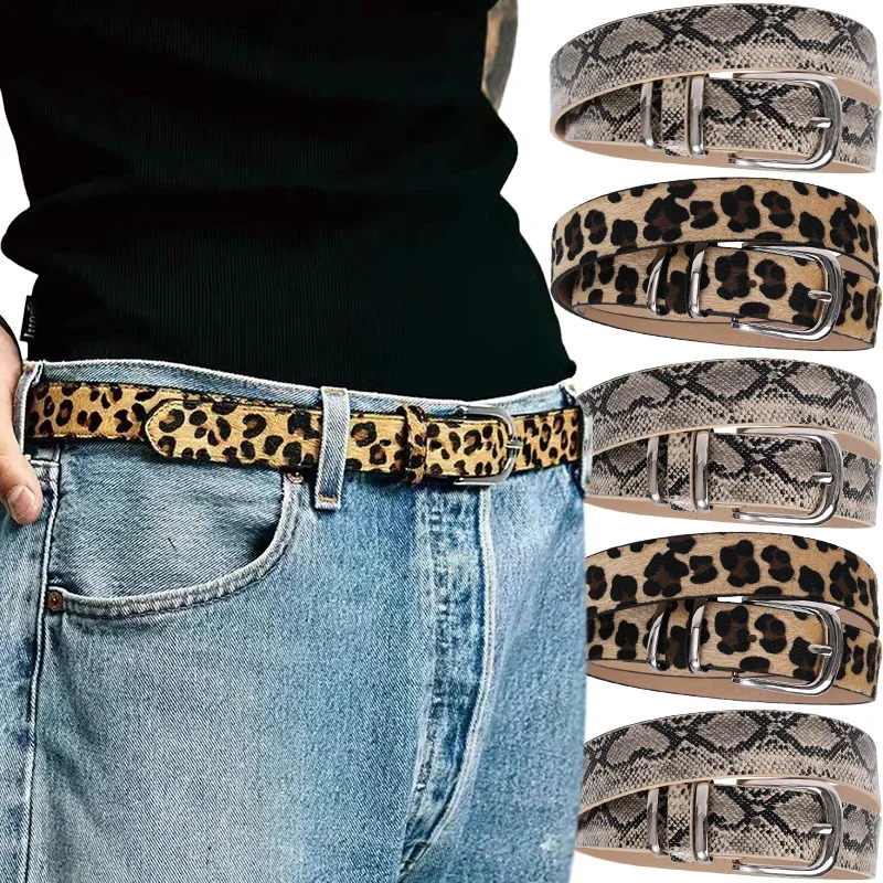 Y2K Leopard Print Belt Snake Skin Pattern PU Leather Belts Jeans Pin Buckle Closure Waistband Men Women Adjustable Cool Belt 250527
