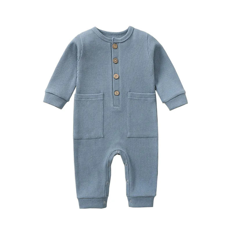 Spring Autumn born Baby Romper Cotton Solid Soft Infant Jumpsuit With Pocket Girl Boy Long Sleeve Bebe Pajamas Wodden Buttons 250528