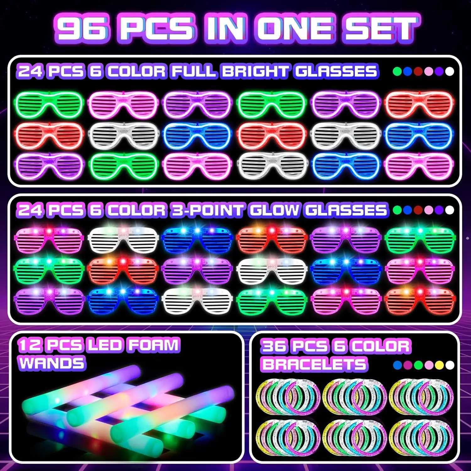 96Pcs Neon Glow Party Supplies Light Up Glasses Foam Sticks LED Bracelets for Birthdays Halloween Weddings Raves W250528