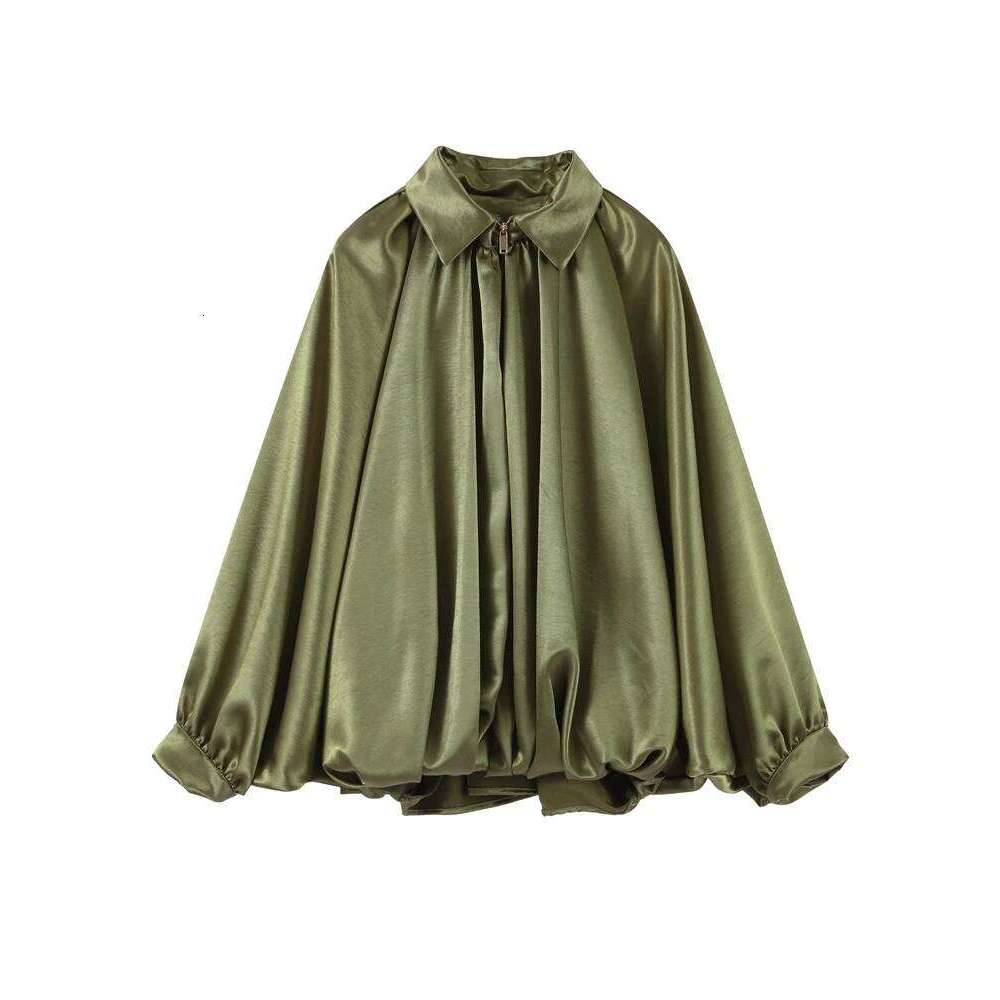 Elegant Green Suede Jacket Women Long Puff Sleeve Lapel Zipper Loose Jackets 2025 Spring Autumn Street Pleated Short Outwear