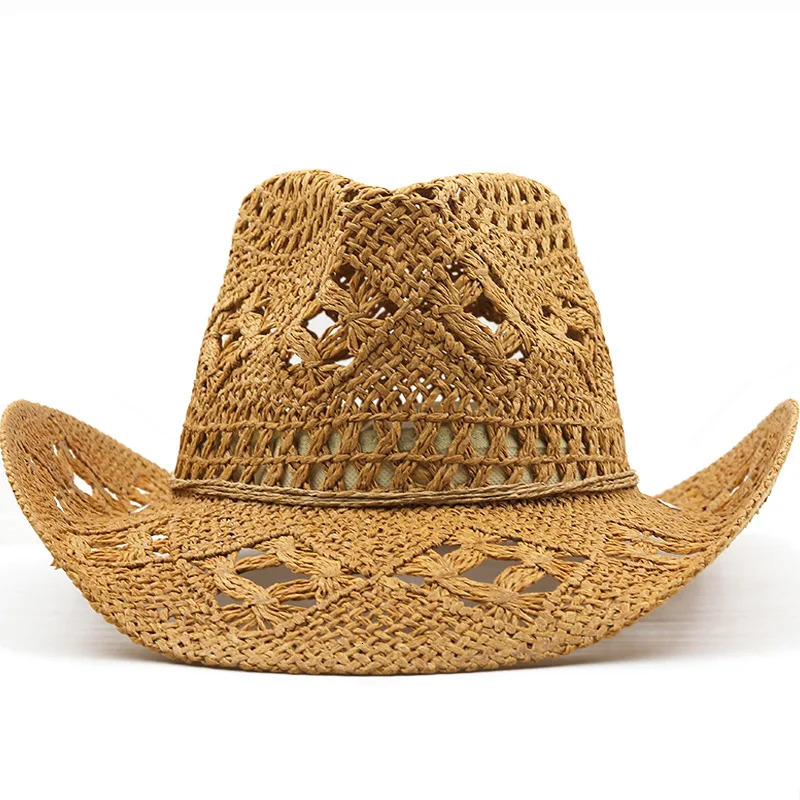 Spring/summer Hollow Cowboy Hat Hand-woven Natural Grass Breathable Cool American Jazz Top Hat with Warped Edge 250526