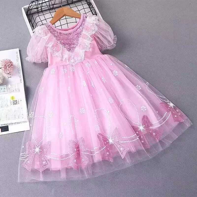 Girls Summer Mesh Dress Children Tulle Tutu Gown Kids Birthday A-Line Long Dresses 2025 Children Print Bow Short-sleeve Clothing X250528