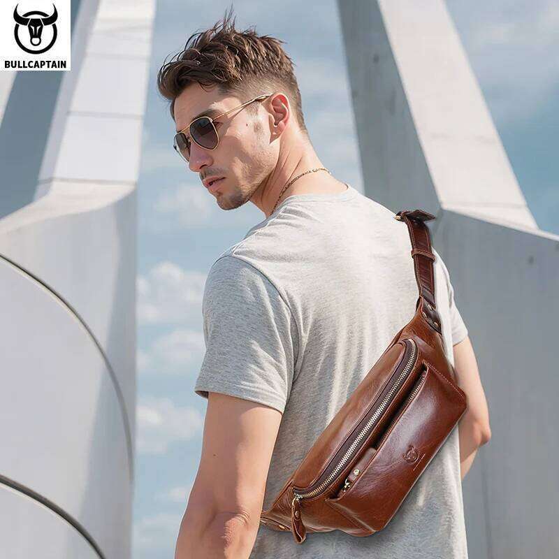 BULLCAPTAIN Men's Genuine Leather Waist Casual Retro Mountaineering Multifunctional Latch Lock Crossbody Chest Bag