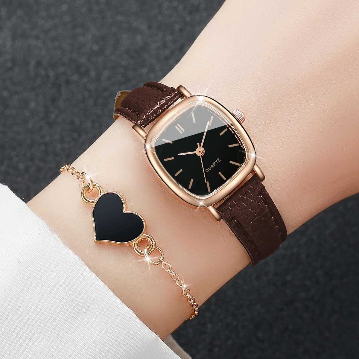 2PCS/Set Fashion Square Women Watch Leather Band Quartz Watches Heart Bracelet Set XJ250527