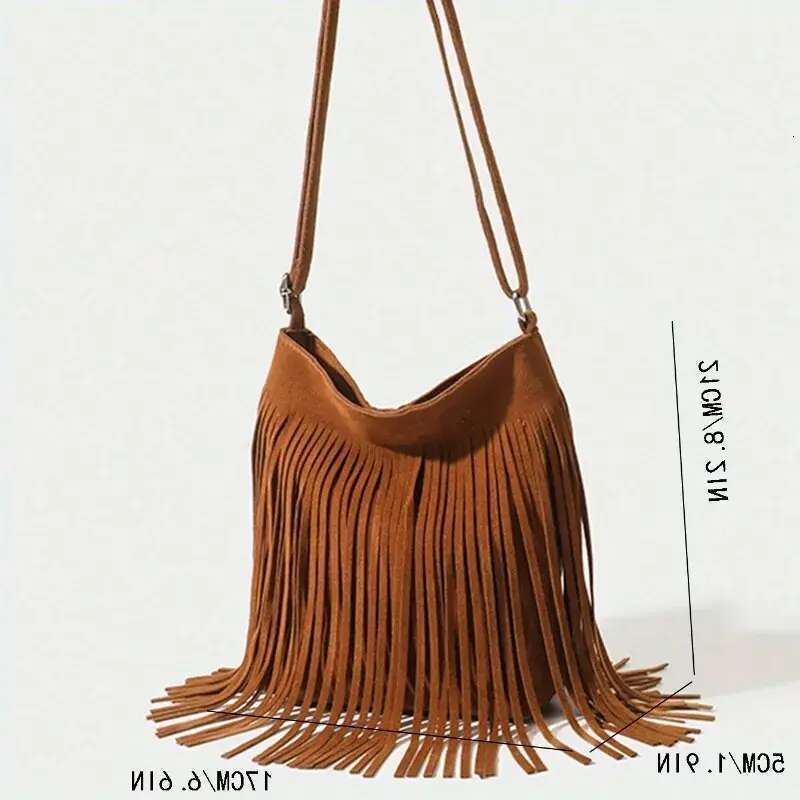 Brown Suede Elegant Crossbody with Adjustable Strap - Hand Washable, Solid Color, Buckle Closure, Polyester Lined, No Oil Edges Fringe Shoulder Bag