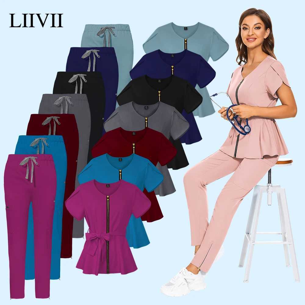 Plug Size Beautician Tops+pants V Neck Solid Color Women Medical Uniform Short Slved Spa Uniform Nurse Clothes Doctor Workwear X2505281