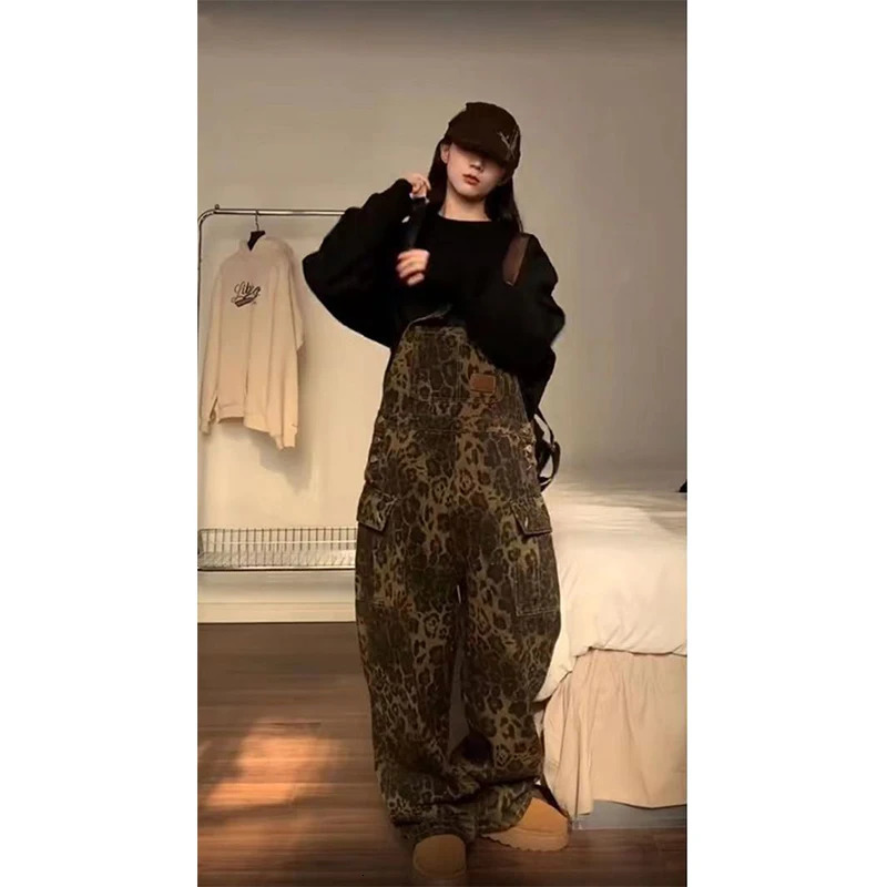 MEXZT Vintage Denim Jumpsuits Women Streetwear Leopard Wide Leg Jeans Overalls Y2K Korean Baggy Suspender Pants Casual Trousers 250523