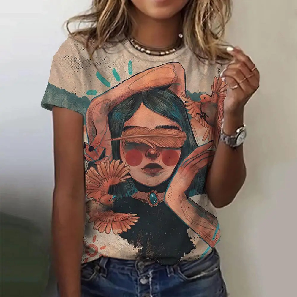 Womens TShirts Cartoon Characters Print TShirt Harajuku Vintage Short Sleeved Tees O Neck Funny Top Oversized Female Clothing 250517