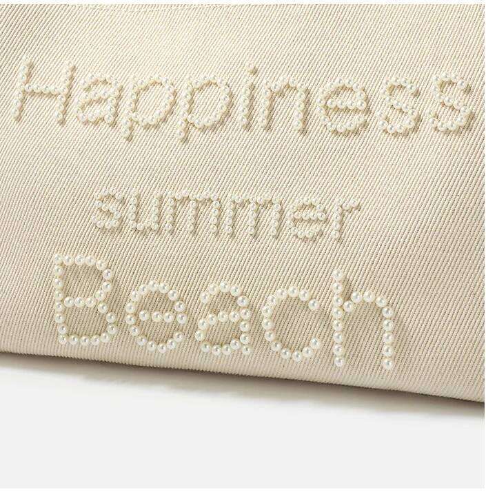 Women Designer Shopper Brand Beaded Pearls Canvas Tote Handbag Large Capacity Shoulder Genuine Leather Handle Beach Bag