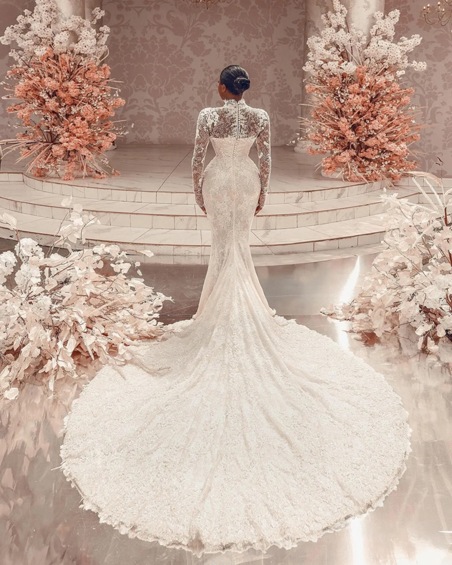 Vintage Mermaid Chart Wedding Dress high neck fulllace long sleeves plus size wedding dresses Bridal Gowns button back sweep train lacefull robe de ma