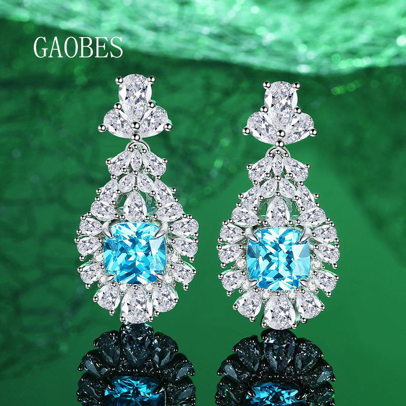 S925 Sterling Silver High-Carbon Diamond Ocean-Blue Square Stone Stud Earrings, Ice Flower Cut Long Drop Earrings, European and American Luxury Women&