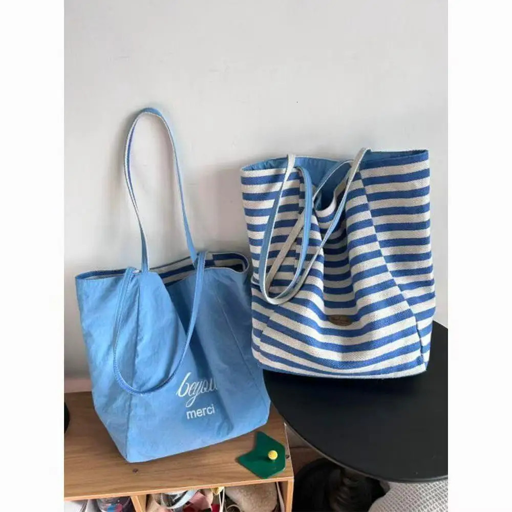 striped canvas bag Korean style AB double-sided large capacity shoulder bag tote bag lazy casual commuting 250526