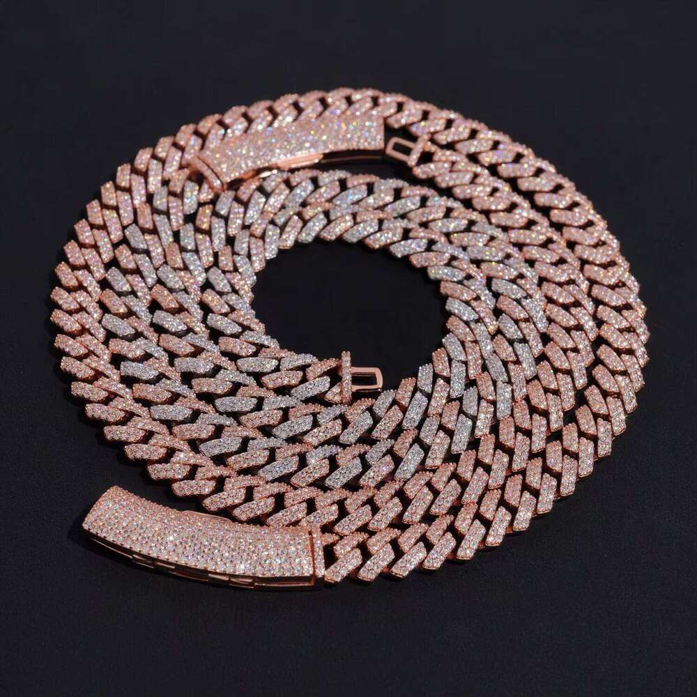 Basic Design Two Rows Iced Out VVS D Color Moissanite Dia Rose Gold Cuban Link Chain Necklace 10MM Curve Lock