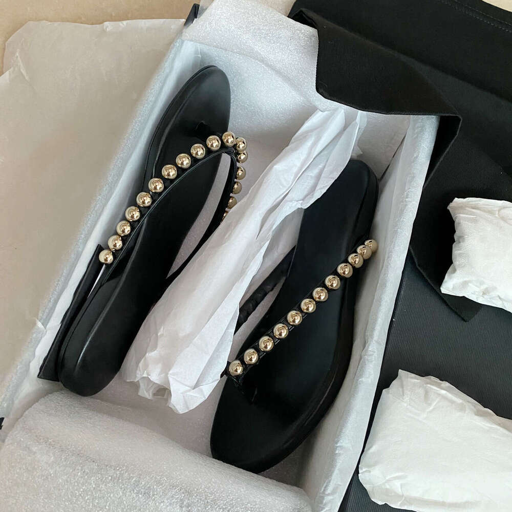 2025 New Style High-End Beaded Genuine Leather Flat Flip-Flops for Women Summer Outdoor Sandals Toe Post Slippers Half Slides