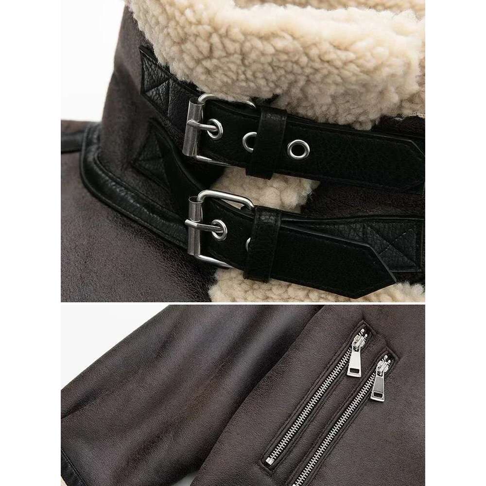 Suninheart Fashion Winter Warm Faux Fur Jacket Women Long Sleeve Moto Biker Zipper Jackets Coat Female Autumn Casual Lapel coat