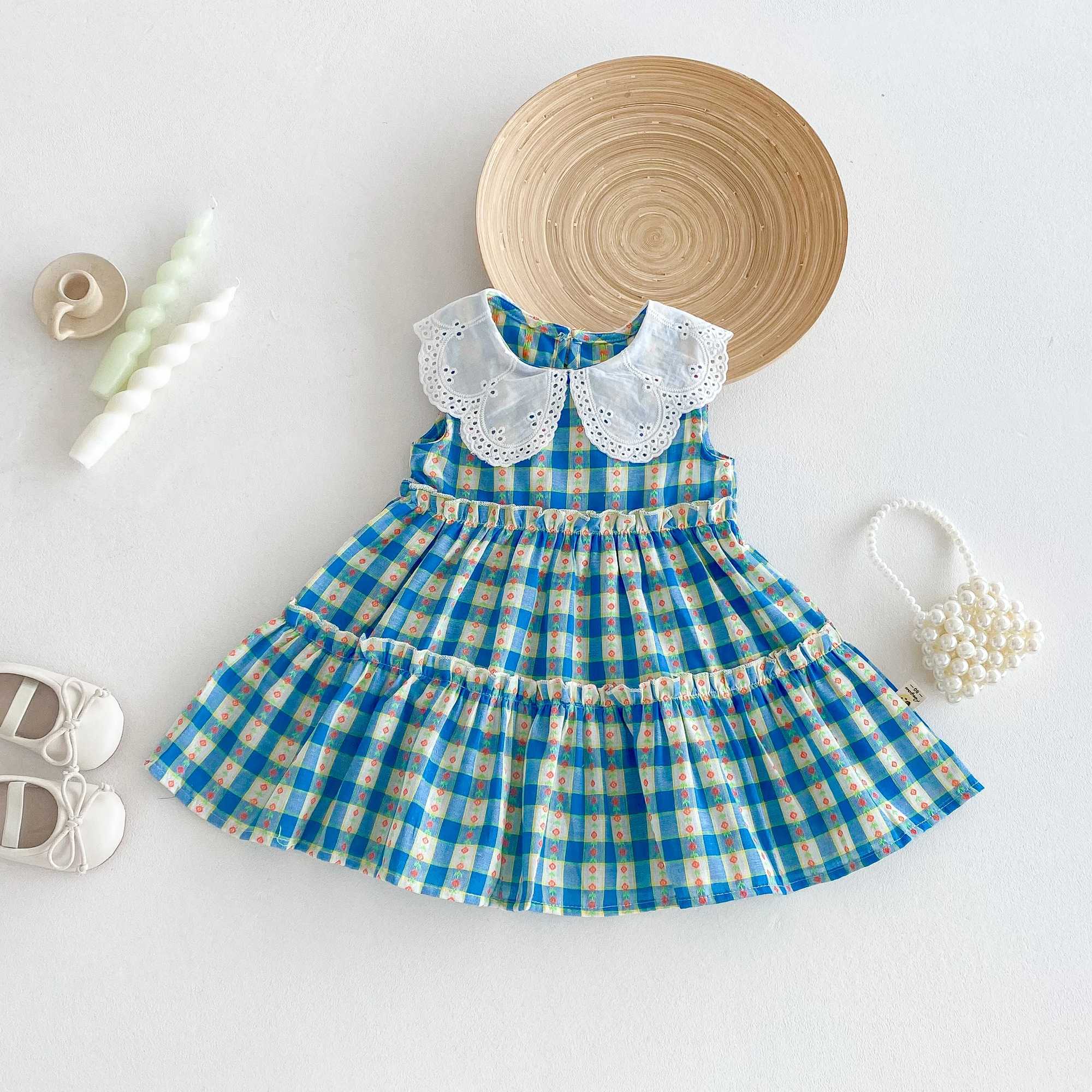 Summer girls dress sleeveless checkered lace lapel dress casual patchwork dress X250528