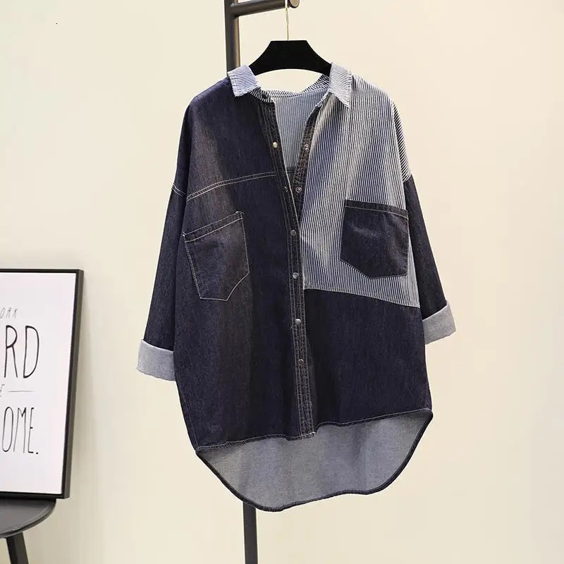 Women Korean Fashion Vintage Striped Patchwork Tunic Denim Shirt Casual Streetwear Irregular Loose Single Breasted Jeans Jacket 250523