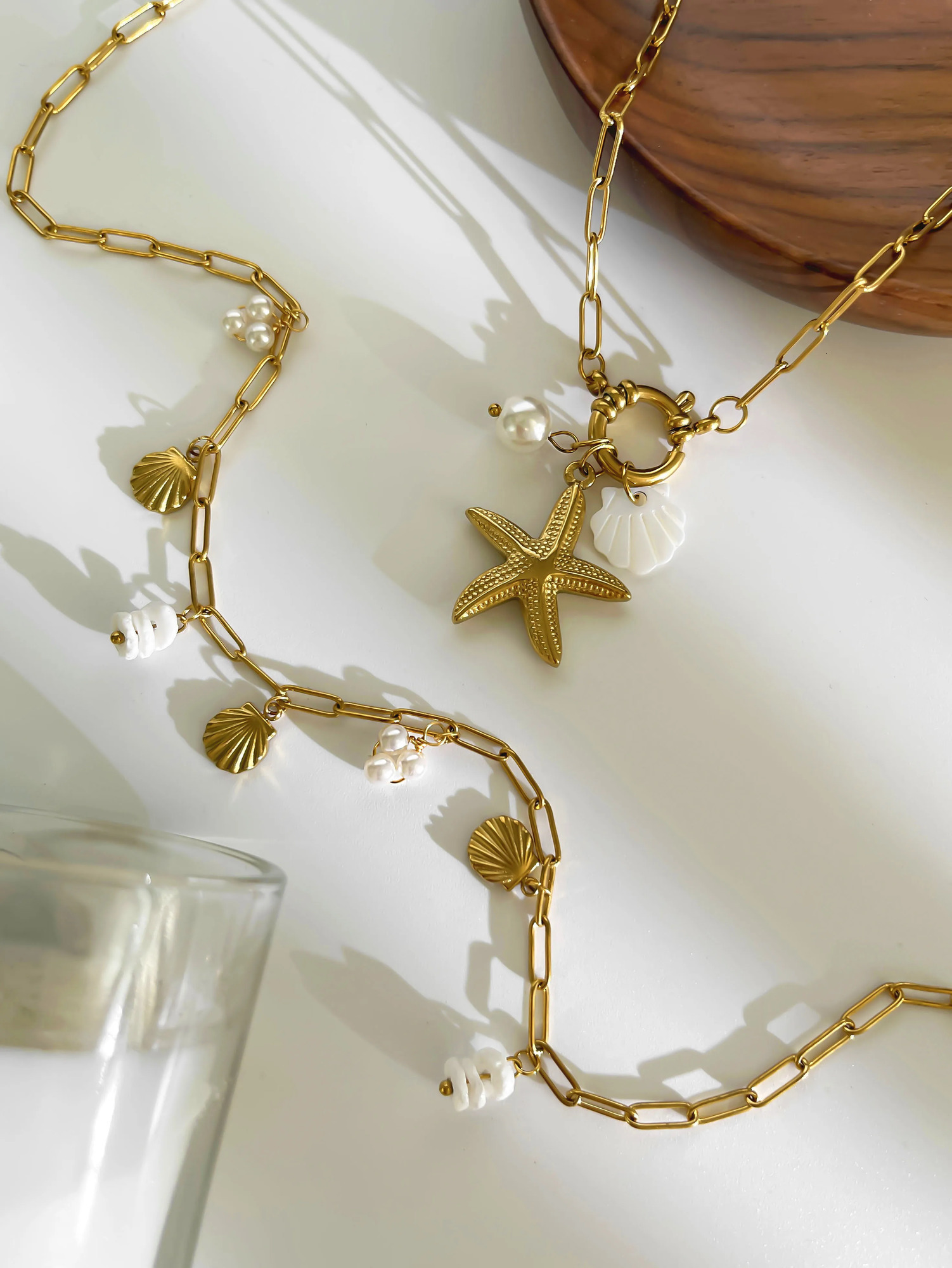 GHIDBK Fashion Stainless Steel Starfish Shell Pearl Pendant Necklaces for Women Beach Party Stackable Jewelry 2025 250522