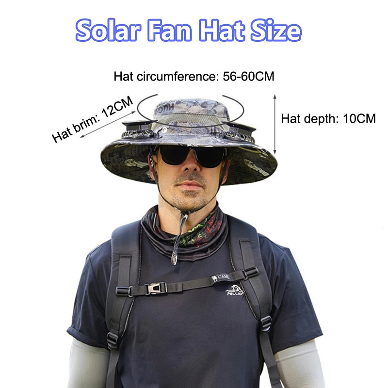 Outdoor Wide Brim Sun Hat With 2 Solar Fan Sun Bucket Hat For Men Women UPF 50 Bucket Fishing Beach Hat With Fan Built In 250526