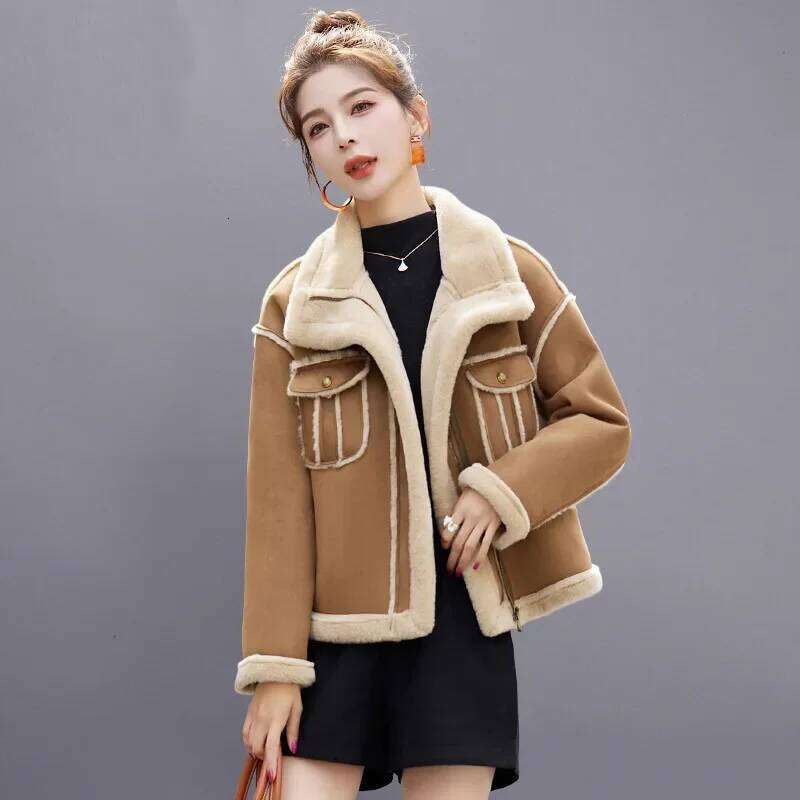 Women's Winter Thickened Lamb Jacket Deer Skin Veet Biker Style Coat Integrated Leather And Fur Short Outerwear