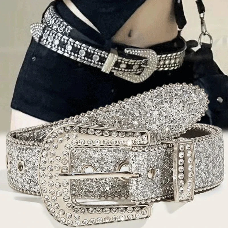 Y2K Women Fashion Solid Print Studded Full Rhinestone Belt PU Leather Bling Crystal Adjustable Glitter Waistband for Club Party 250527