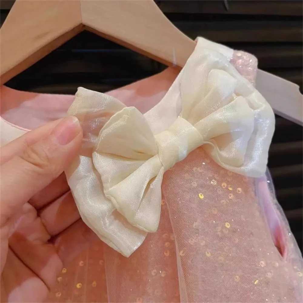 Bear Leader Korean Version Bow Sequin Mesh Princess Dress Sweet Sleeveless Round Neck Party Girl Clothes Kids Fashion Summer X250528