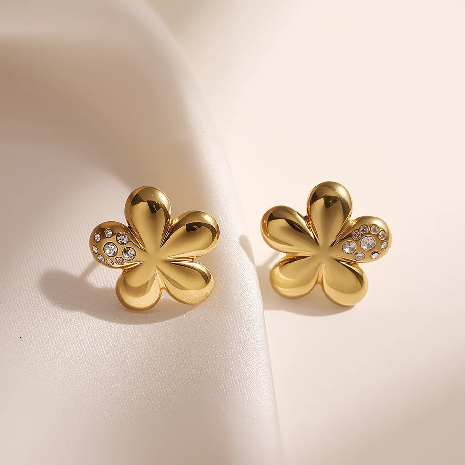 Arrival Gold Color 316LL Stainless Steel Cute Flower Stud Earring For Women Non-Fading CZ Jewelry 250527