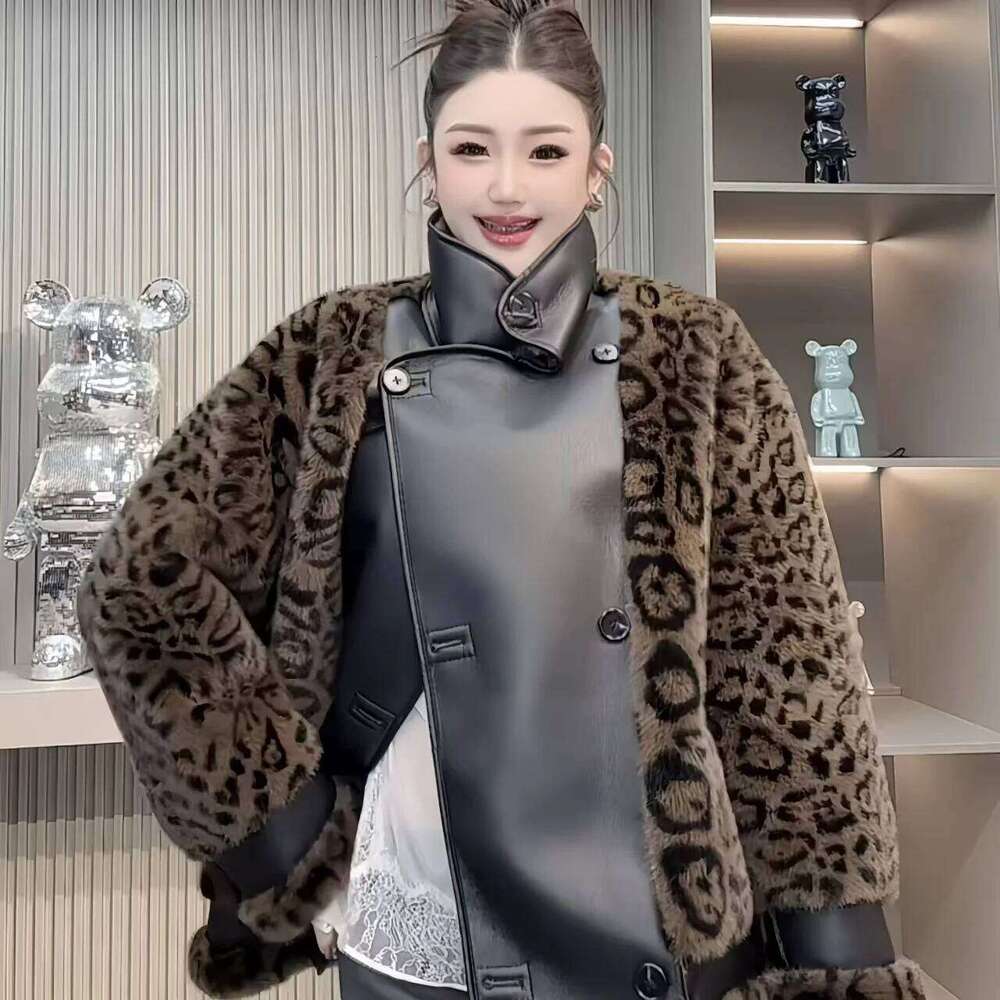 Faux Mink Fur Coat for Women, Double Breasted PU Jacket,Leopard Print Overcoat, Designer Female Clothes,Spliced,New, Winte