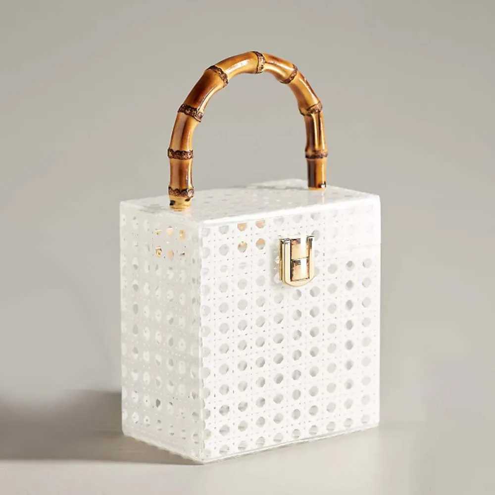 New Arrival Rattan Cane White Bamboo Knitting Acrylic Patchwork Handbag Party Prom Clutch Woman Evening Bag Party Wedding Lady Travel Purse Z250528