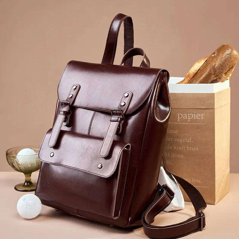 Women's Genuine Leather British Style Retro Fashion Backpacks Wearable Cowhide Computer Backpack 14 Inch Large Capacity