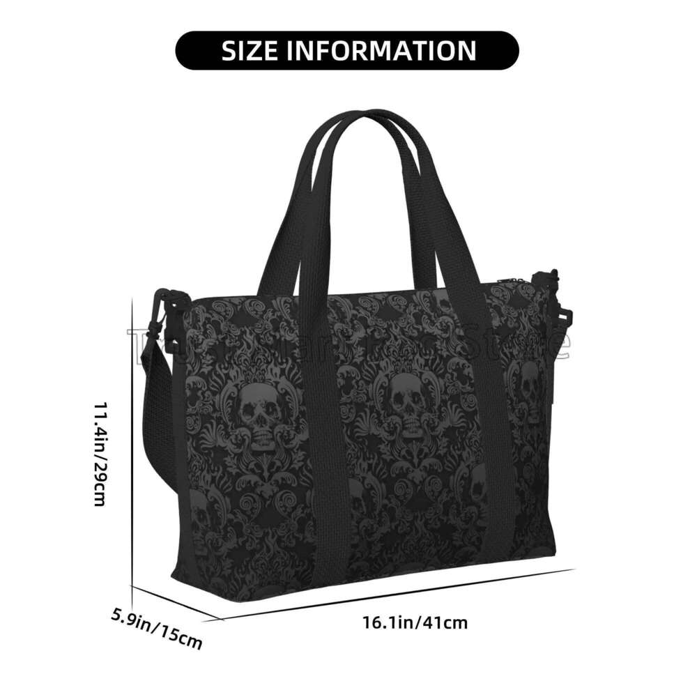 Gothic Black Skull Damask Print Hand Travel Multipurpose Weekender Bags Unisex Casual Waterproof Sports Yoga Lage Bag