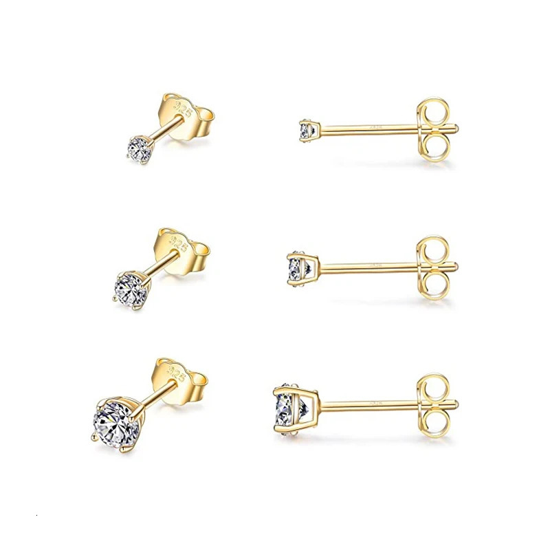 Aide 3PCS 2mm 3mm 4mm 925 Sterling Silver Ins Zircon Stud Earrings Gold Mini Minimalism Earrings Fine Jewelly Party Gift 250527