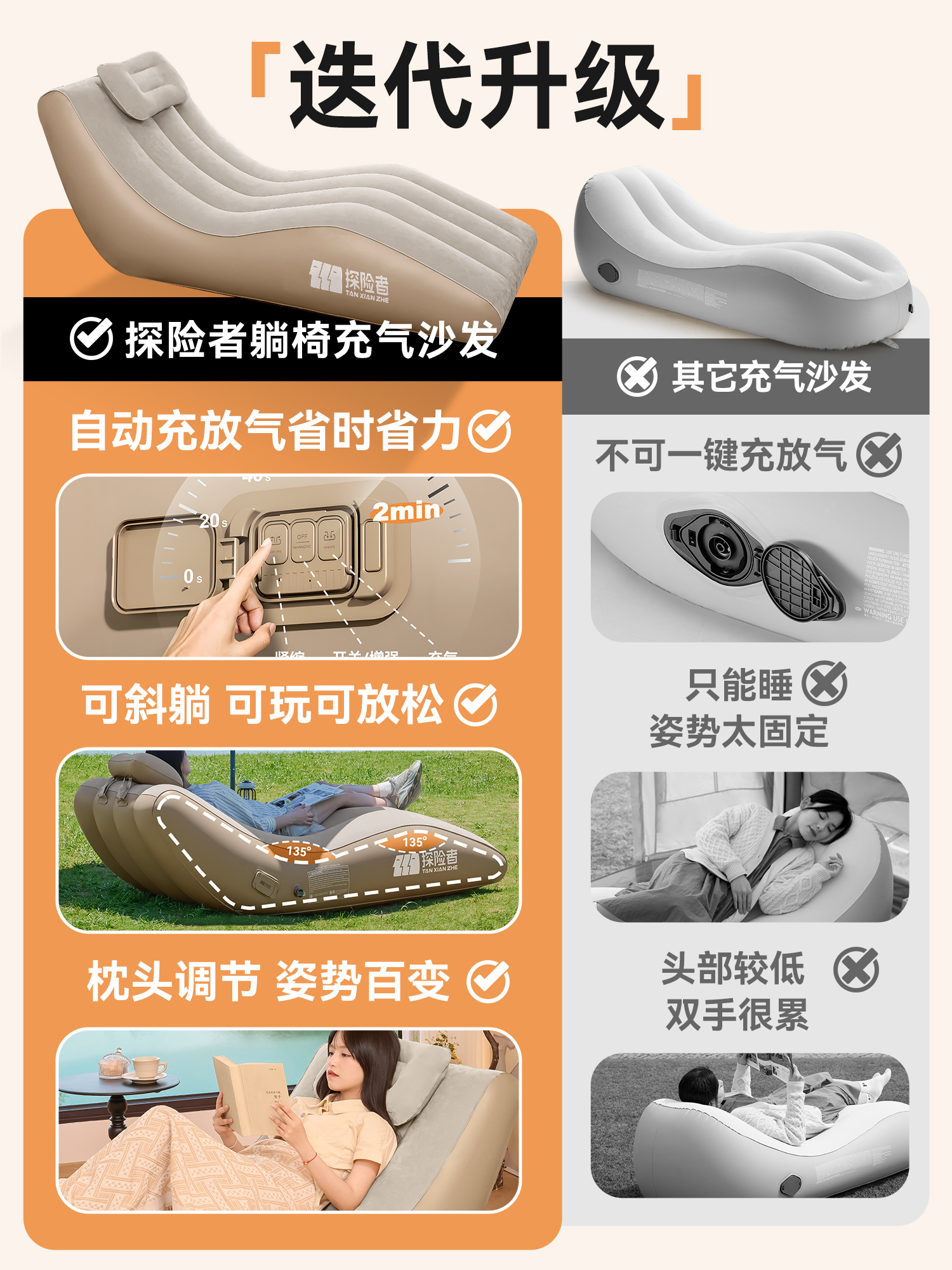 Explorer inflatable sofa outdoor camping automatic inflatable recliner sofa inflatable mattress floor bunk household portable