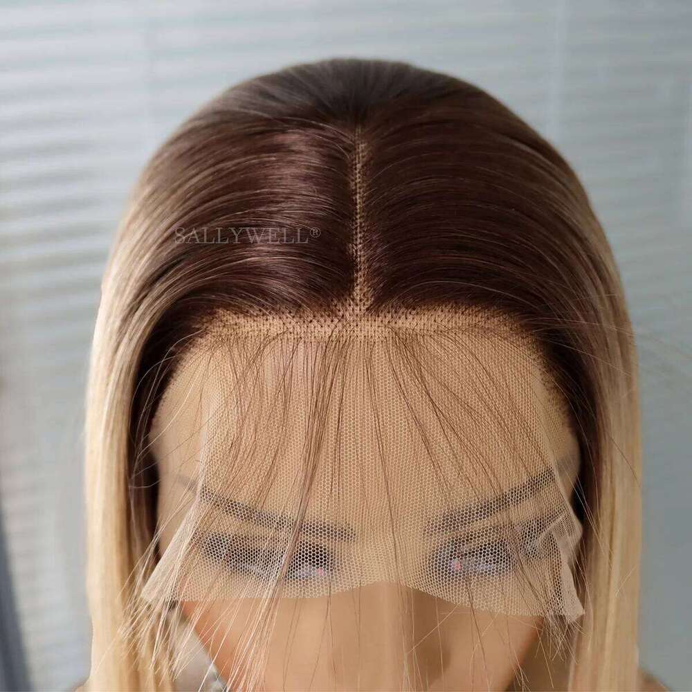 Ombre Lace Front Long Straight Brown to Dirty Blonde 3T Color Synthetic Heat Resistant Wig Pre Plucked