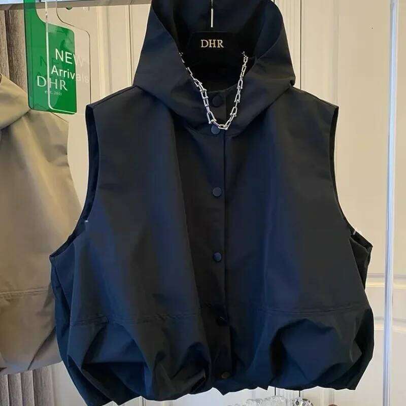 Crop Trench Tops 2025 Casual Black Waistcoat Chalecos Para Mujer Loose Vest for Women Single Breasted Sleeveless Hooded Jacket