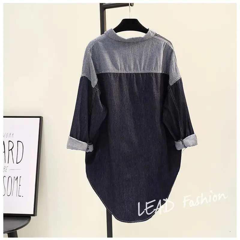 Women Korean Fashion Vintage Striped Patchwork Tunic Denim Shirt Casual Streetwear Irregular Loose Single Breasted Jeans Jacket 250523