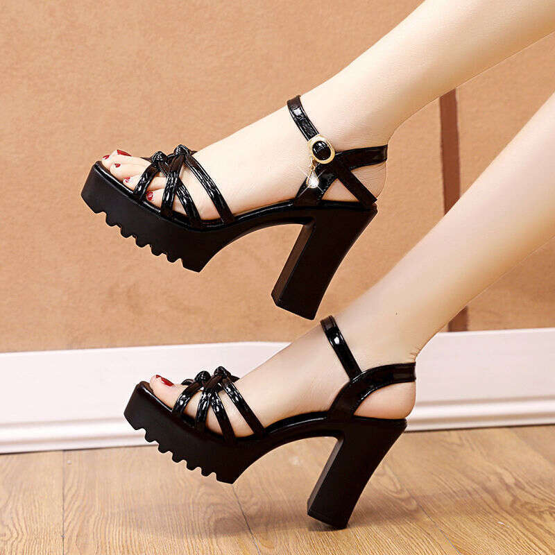 Black Thick Heels Chunky Heel Waterproof Platform New Style For Women Summer Thin Strap Combination Thick Sole Height Increasing Sandals Block High He
