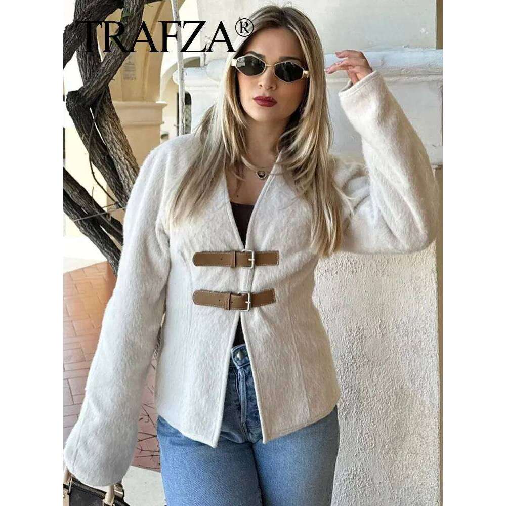 TRAFZA Retro Leather Buckle Woolen Coat Women Fashion Solid V Neck Long Sleeve Beige Jacket Autumn Spring Chic Female Streetwear