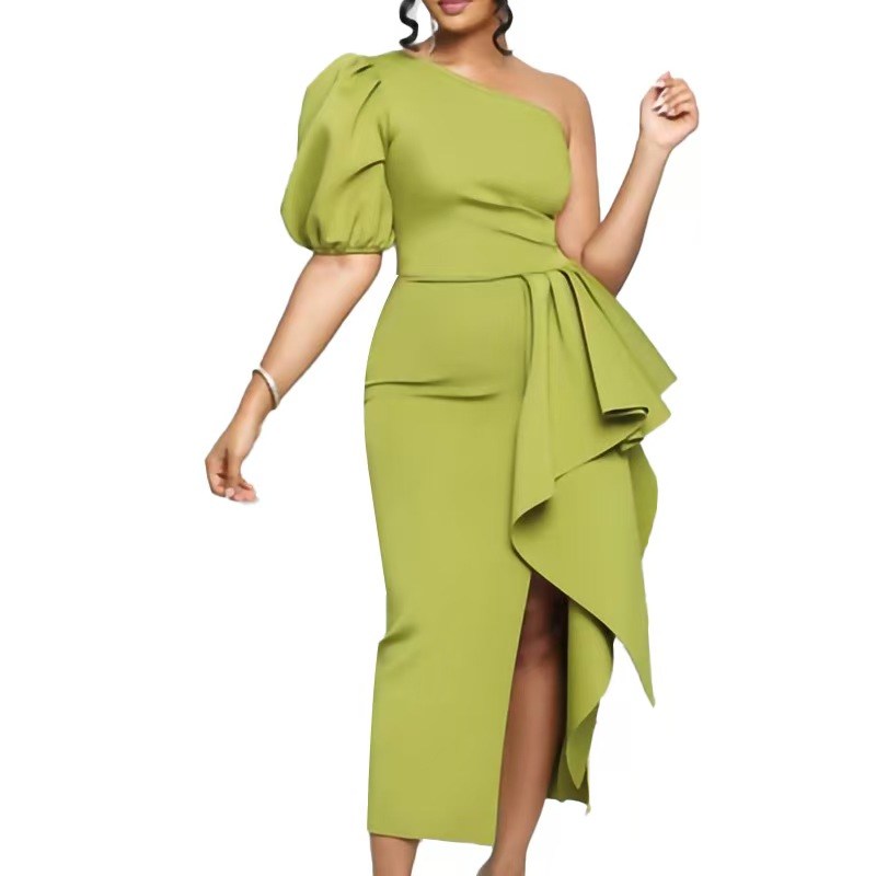 High - end dresses 2025 elegant waist - cinching puff sleeve off - shoulder banquet slit gown dresses