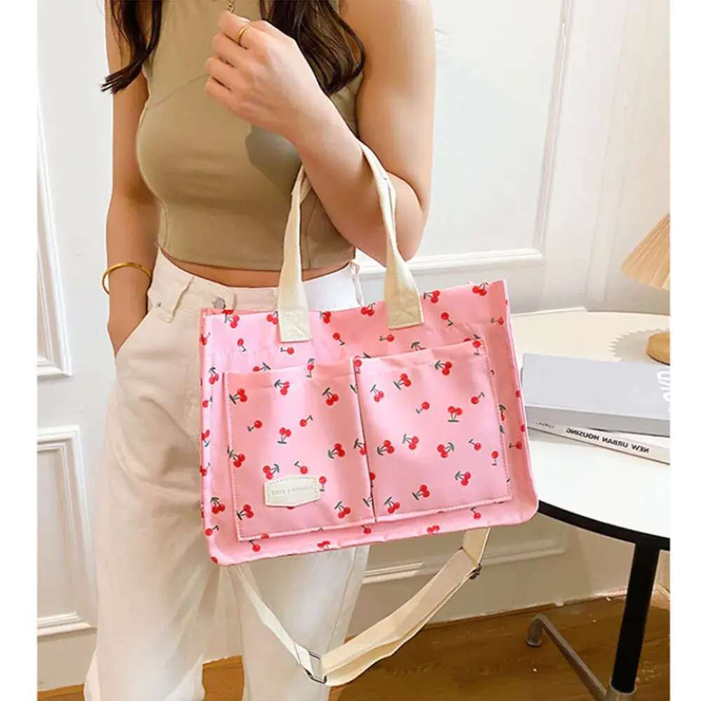 Cherry Tote Women Canvas Patched Purse Cute Shoulder Bag Multi-Pocket Satchel Handbag For Work Travel New 2024