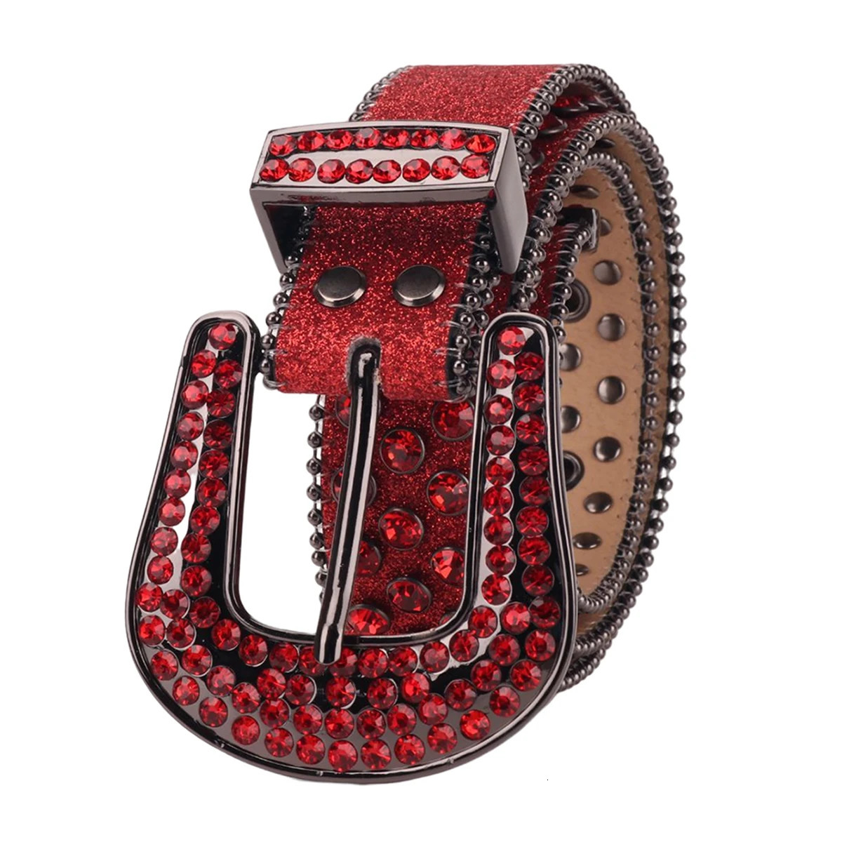 Mens Womens Fashion Sparkle Red Rhinestone Belt Strap Western Cowboy Cowgirl Bling Crystal Studded Belt for Jeans Dress 250523