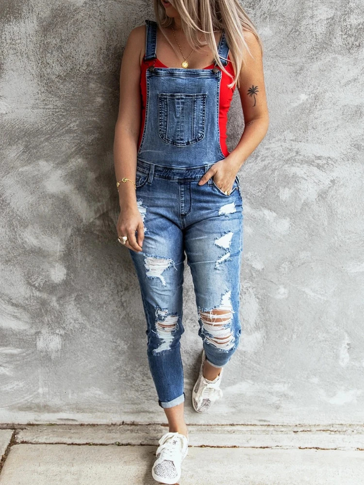 Denim Overalls Women Ripped Jeans Lady Jumpsuit Elastic Denim One Piece Pants Suspender Trousers Female Rompers Streetwear 250523
