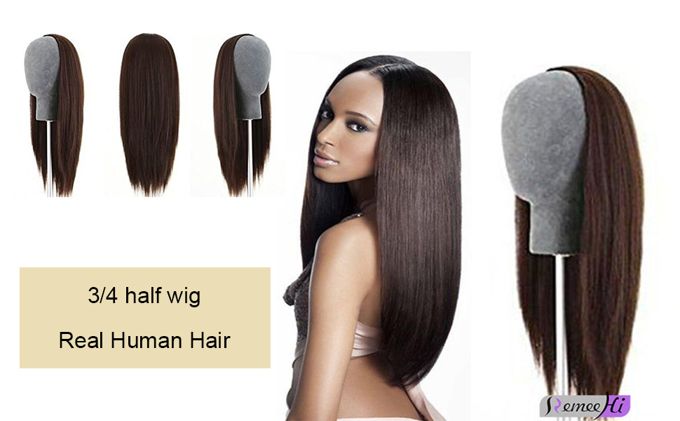 Women 3/4 Half Wig 100% Indian Remy Human Hair Silky Straight Hair Weft Cap glueless 150%density natural black
