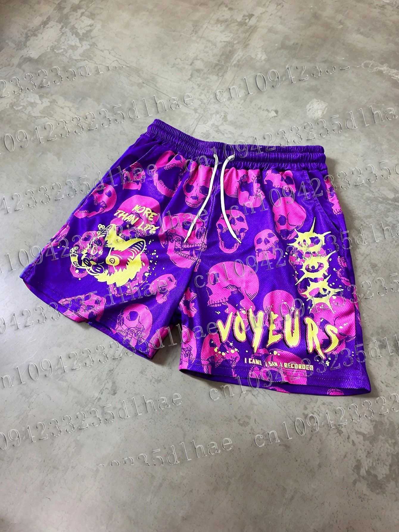 Mens Youthful Street Style Gym Shorts High Street Skull Digital Print Basketball Mesh Fabric Purple Casual Shorts Men Clothing X250528