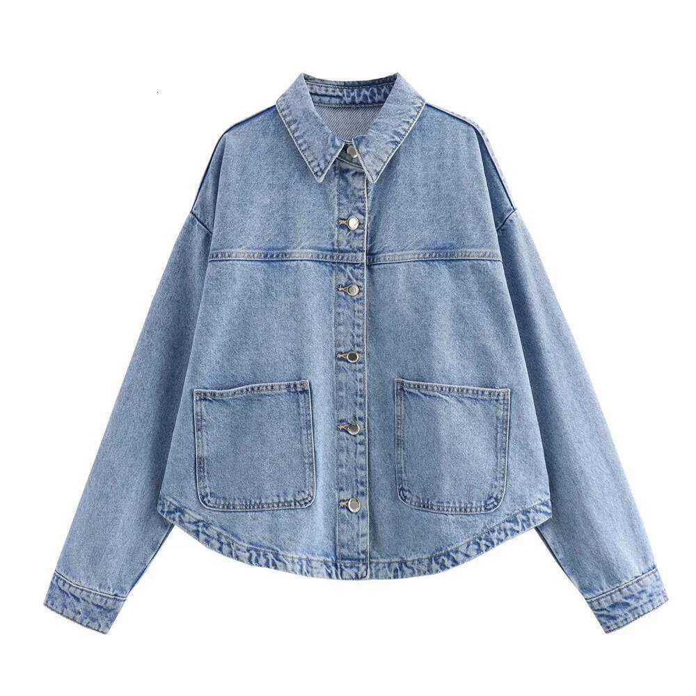 UNIZERA Summer New Women's Loose Casual Polo Collar Long Sleeve Patch Bag Decoration denim jacket